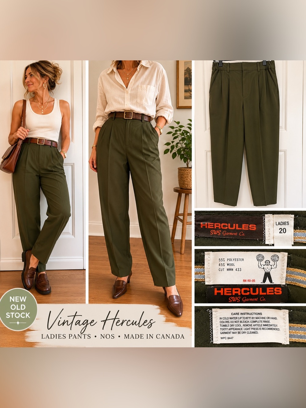 Vintage Hercules Olive Green High Waist Pleated Trousers NOS Women’s Pants